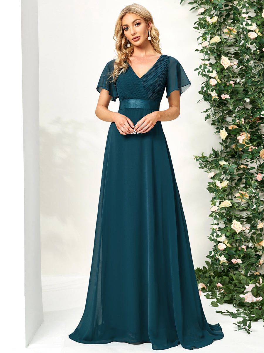 Long Empire Waist Bridesmaid Dress with Short Flutter Sleeves #color_Teal