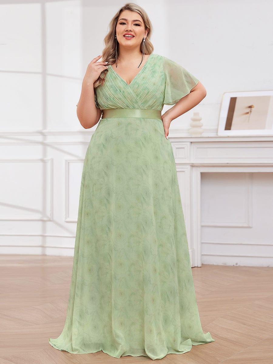 Plus Size Long Empire Waist Bridesmaid Dress with Short Flutter Sleeves #color_Light Green Roses