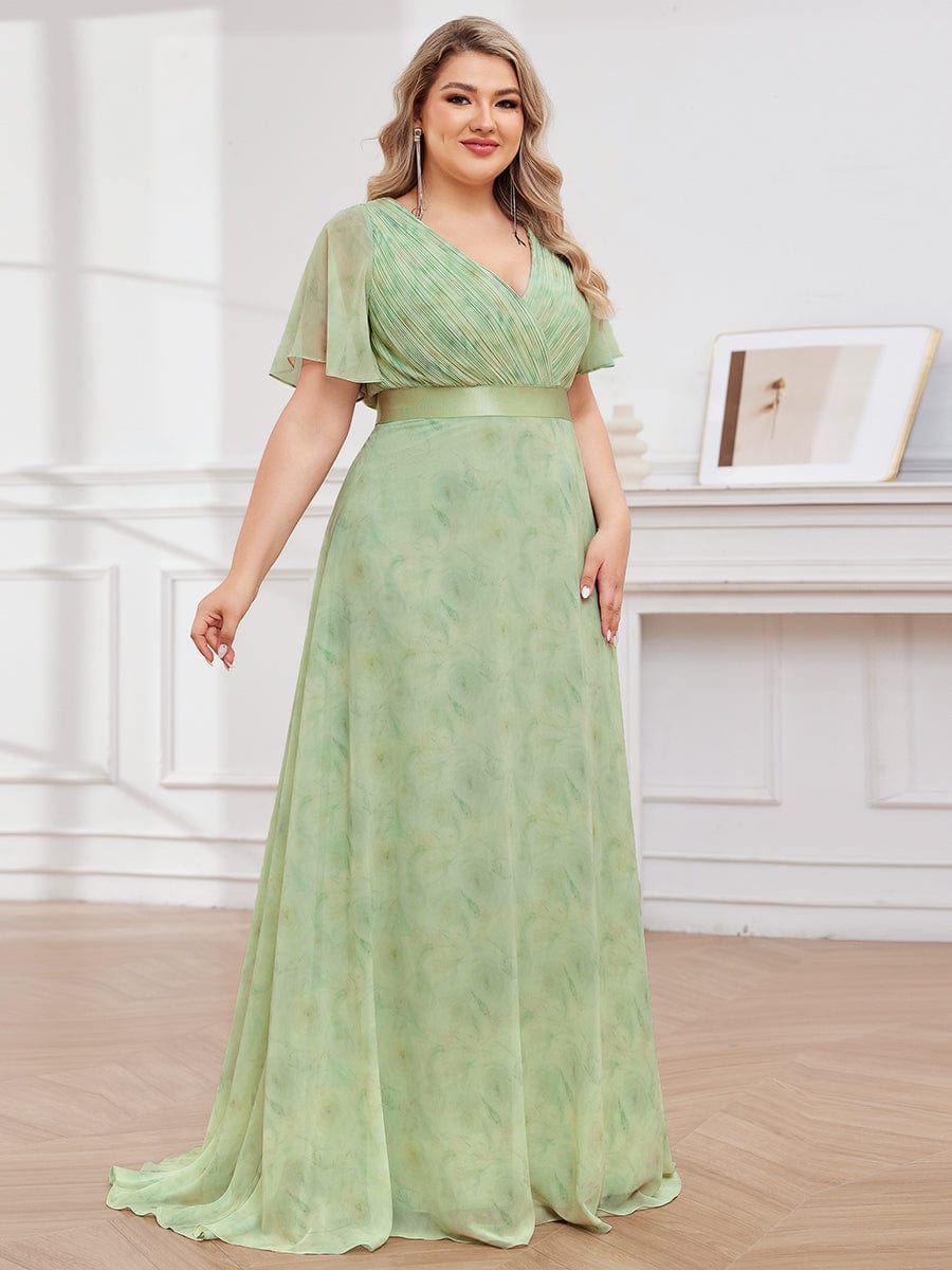 High Waist Short Sleeves Bridesmaid Dress #color_Light Green Roses