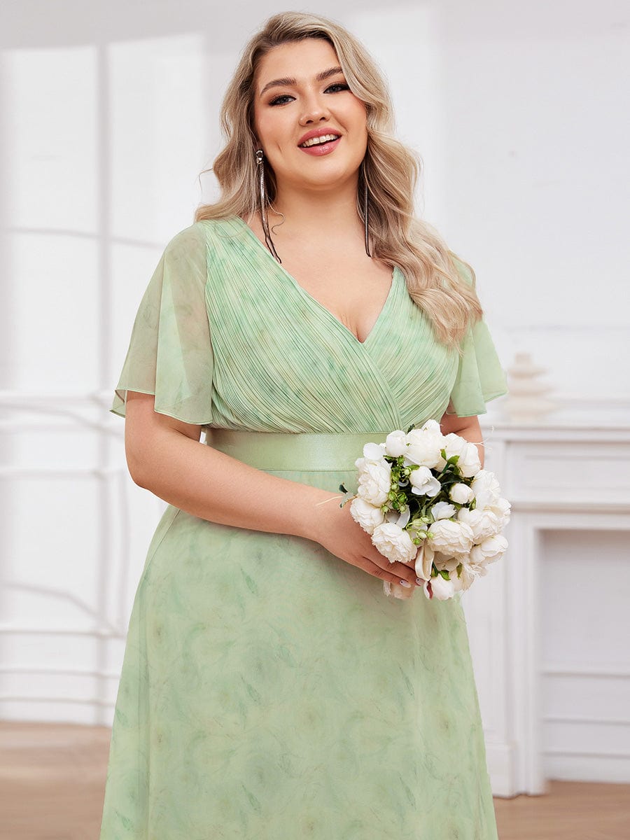 Plus Size Long Empire Waist Bridesmaid Dress with Short Flutter Sleeves #color_Light Green Roses