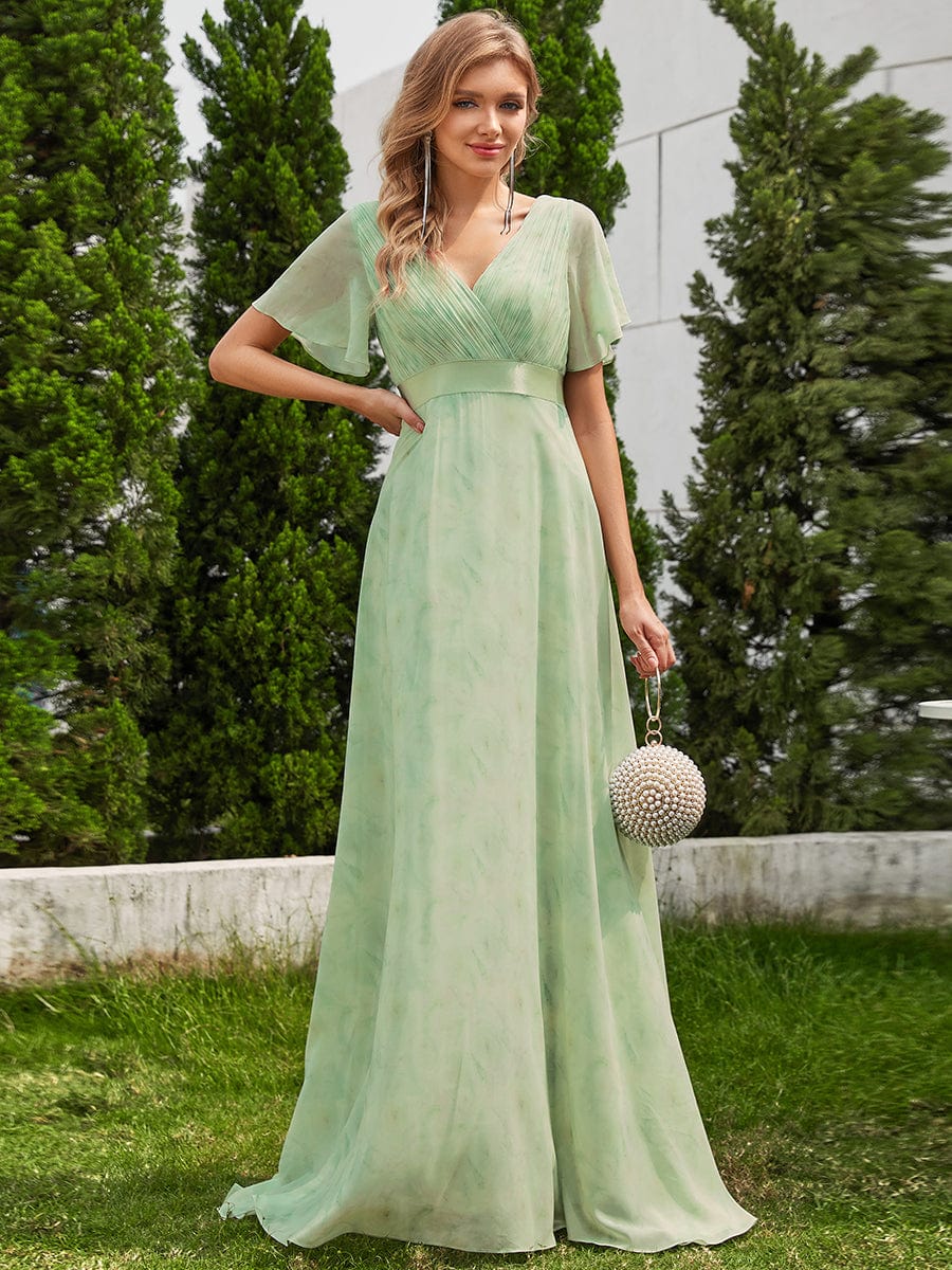 High Waist Short Sleeves Bridesmaid Dress #color_Light Green Roses