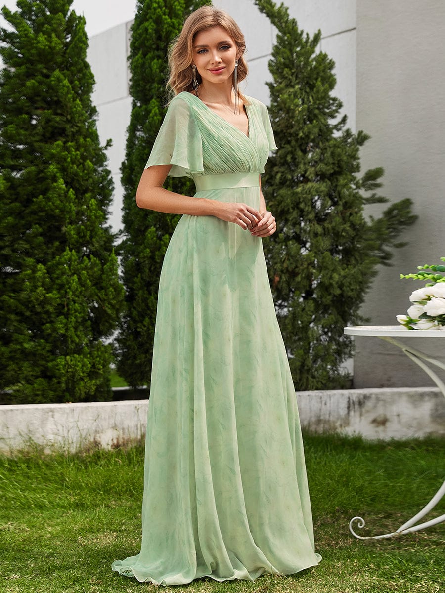 High Waist Short Sleeves Bridesmaid Dress #color_Light Green Roses