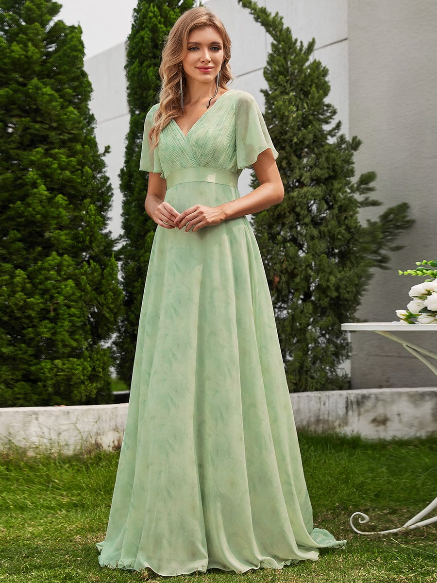 High Waist Short Sleeves Bridesmaid Dress #color_Light Green Roses