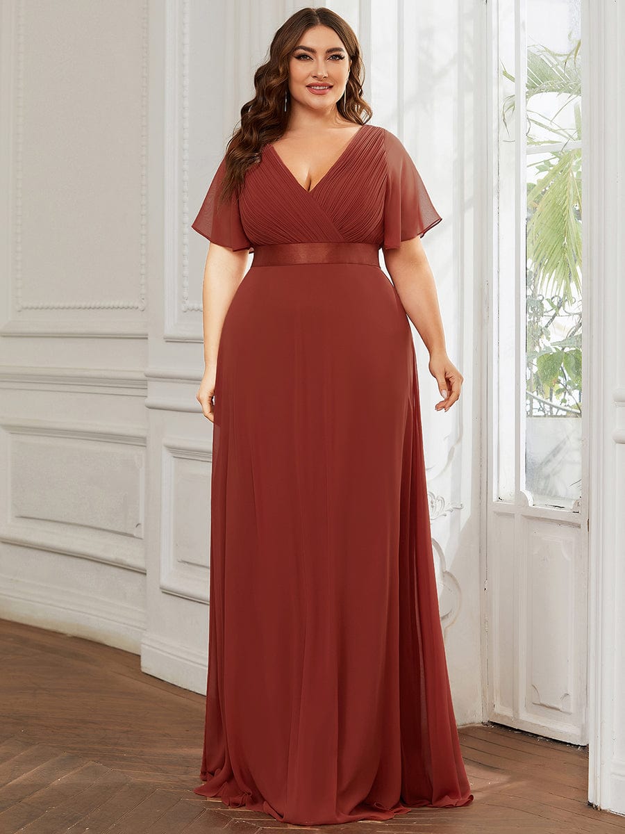 High Waist Short Sleeves Bridesmaid Dress #color_Vermilion