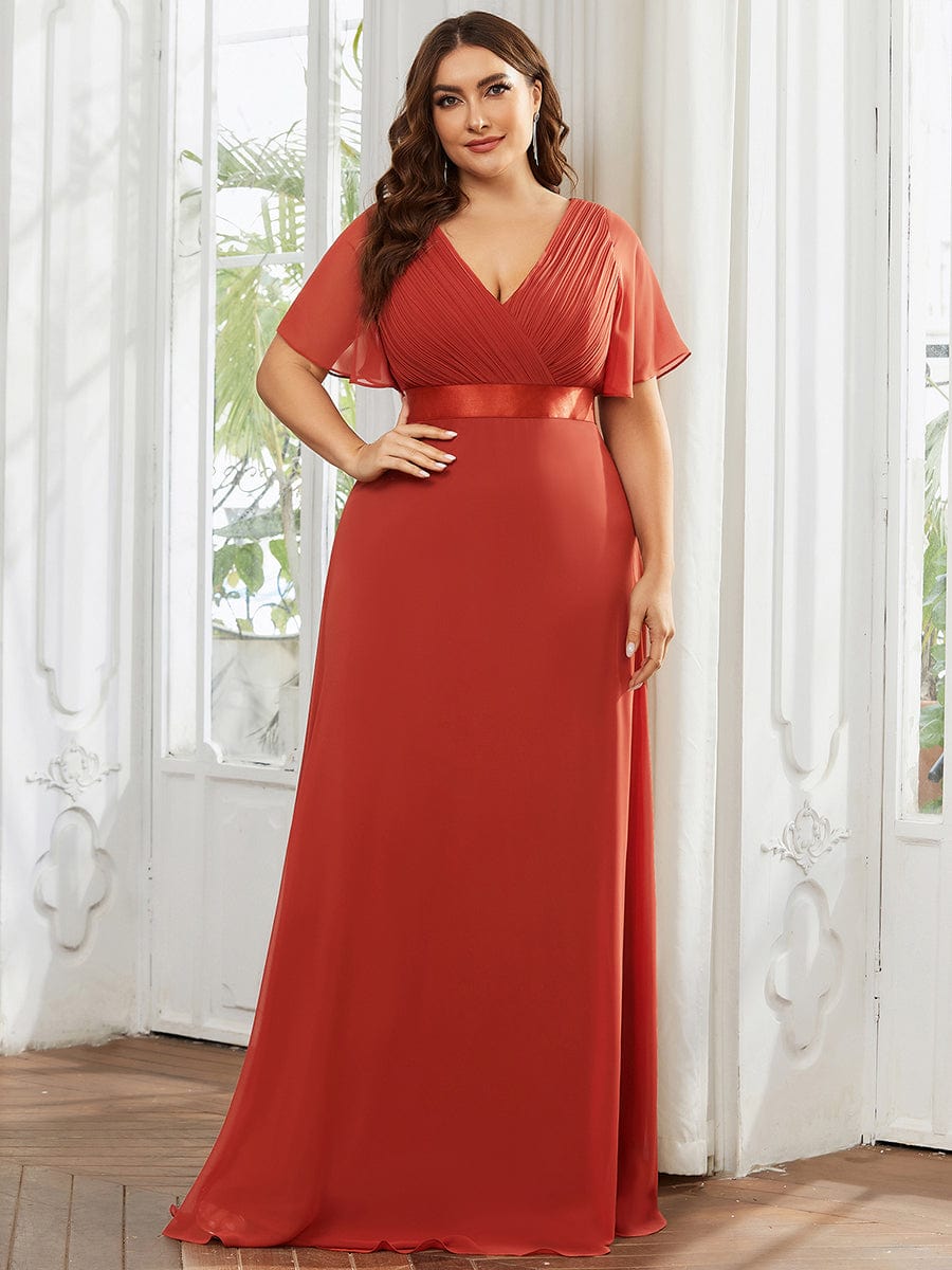 Plus Size Long Empire Waist Bridesmaid Dress with Short Flutter Sleeves #color_Vermilion