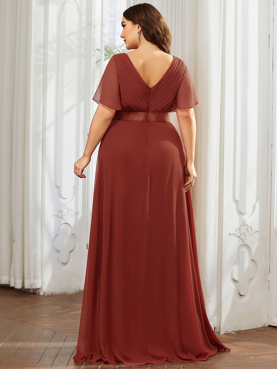 High Waist Short Sleeves Bridesmaid Dress #color_Vermilion