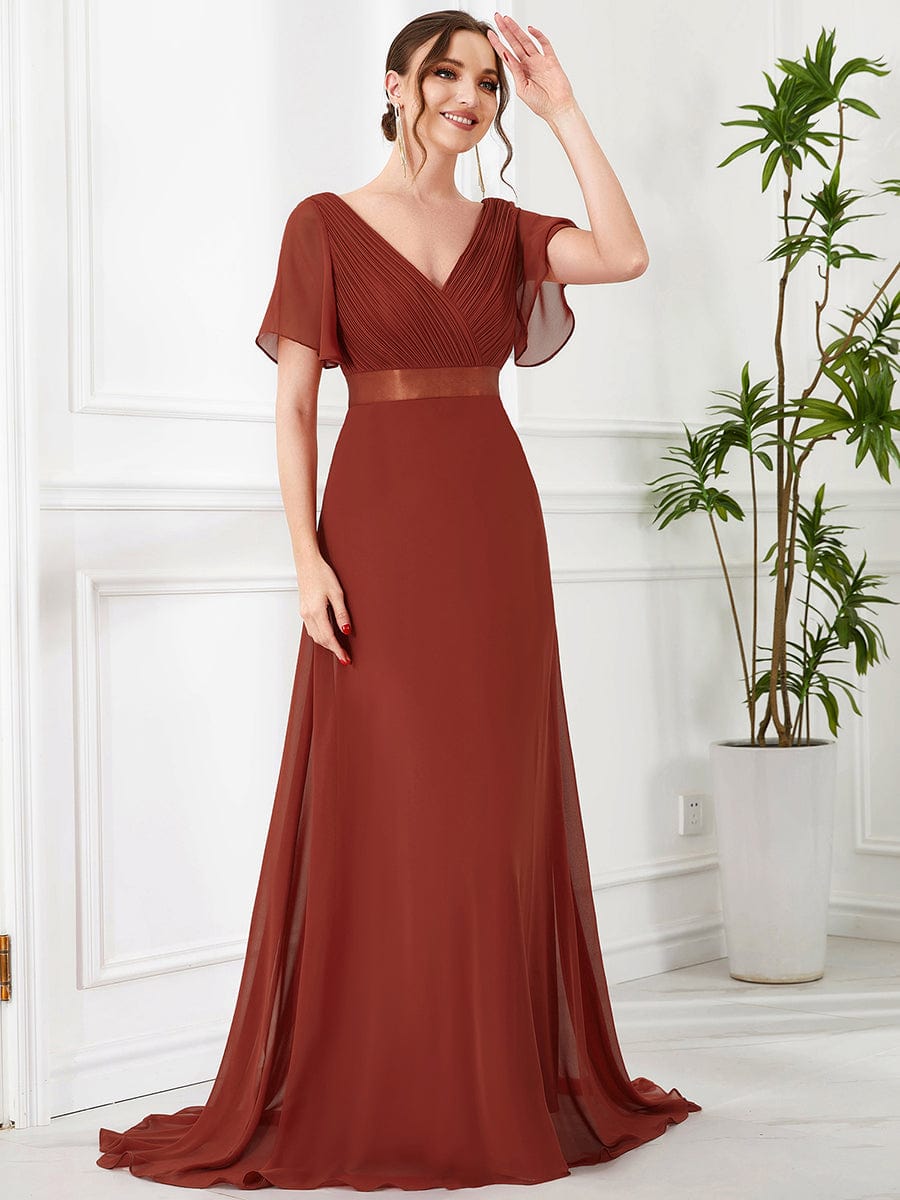 High Waist Short Sleeves Bridesmaid Dress #color_Vermilion