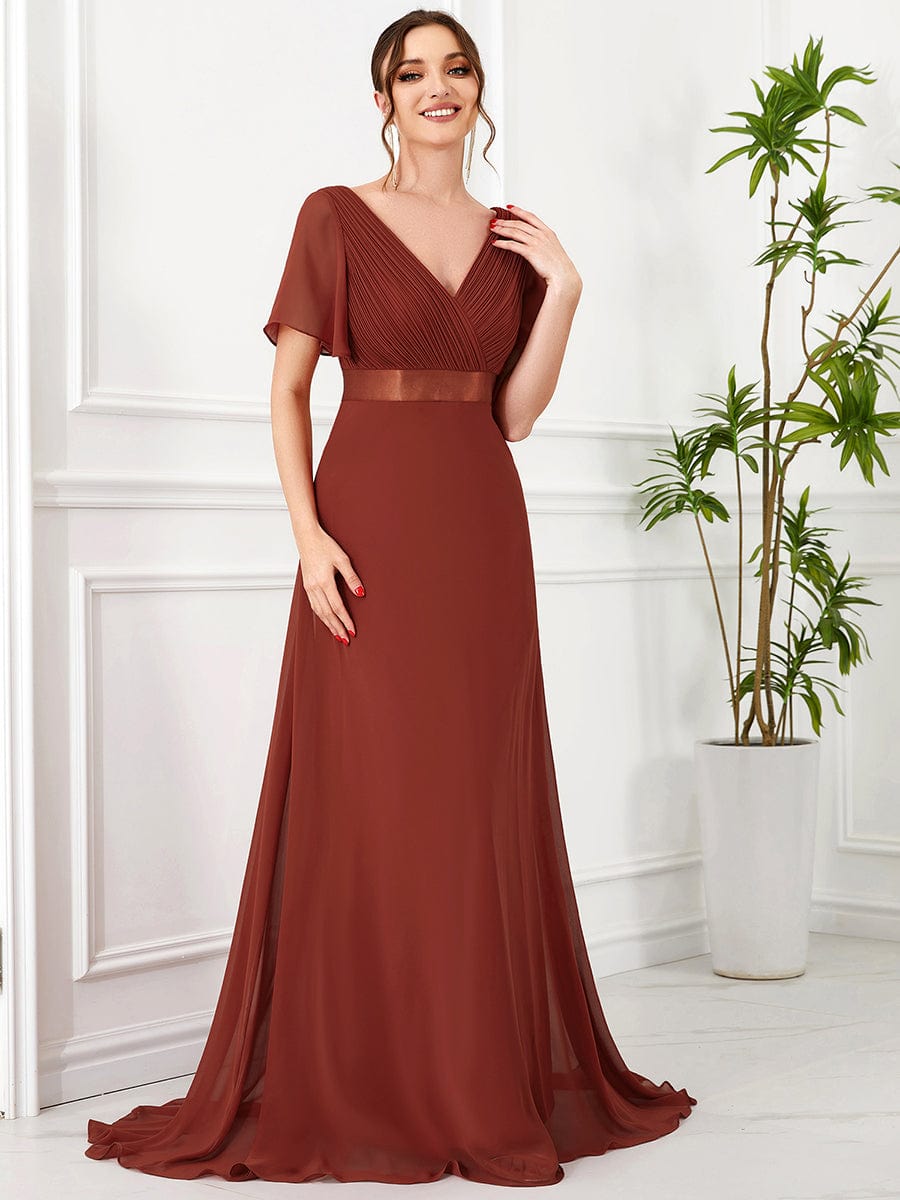 High Waist Short Sleeves Bridesmaid Dress #color_Vermilion