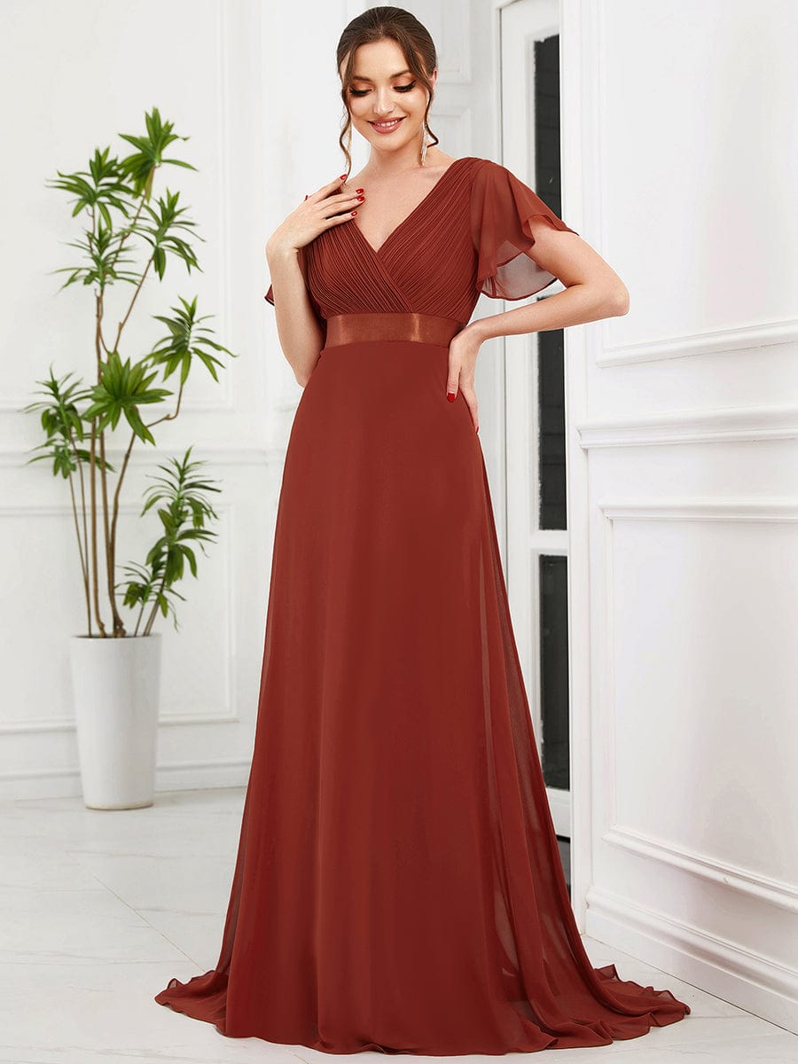 High Waist Short Sleeves Bridesmaid Dress #color_Vermilion