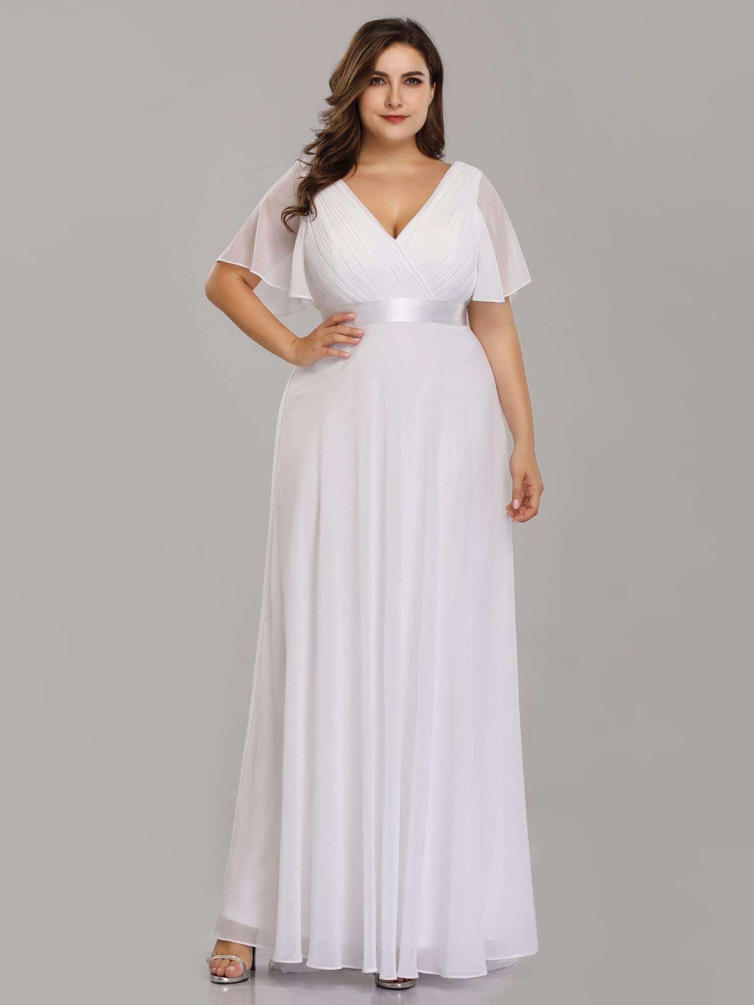 Long Empire Waist Bridesmaid Dress with Short Flutter Sleeves #color_White