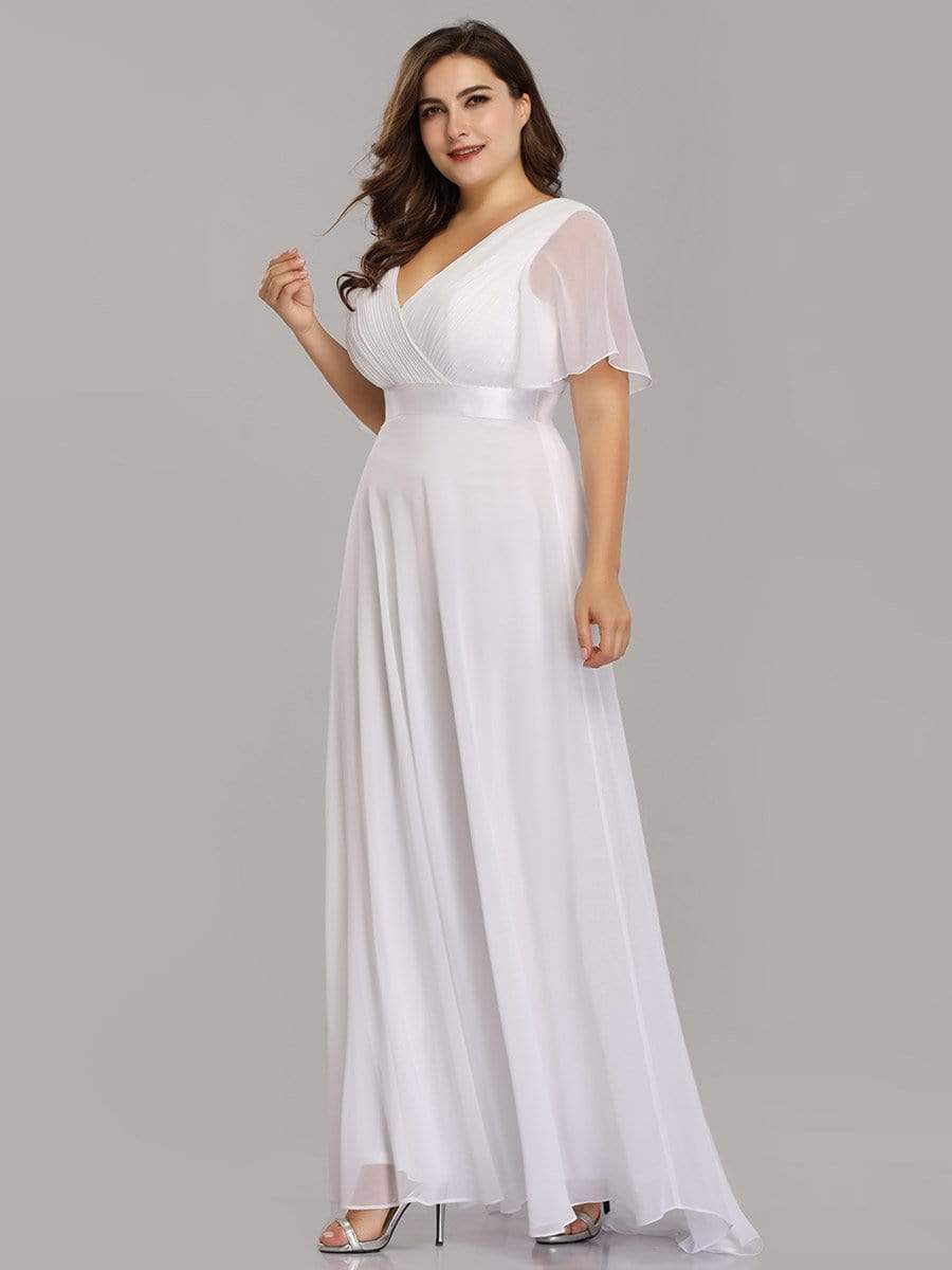 Plus Size Long Empire Waist Bridesmaid Dress with Short Flutter Sleeves #color_White