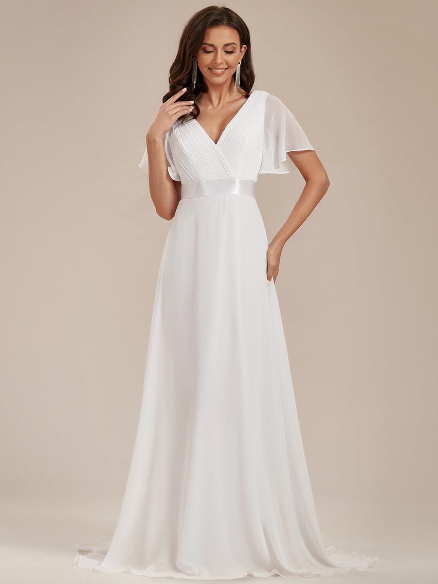 Long Empire Waist Bridesmaid Dress with Short Flutter Sleeves #color_White