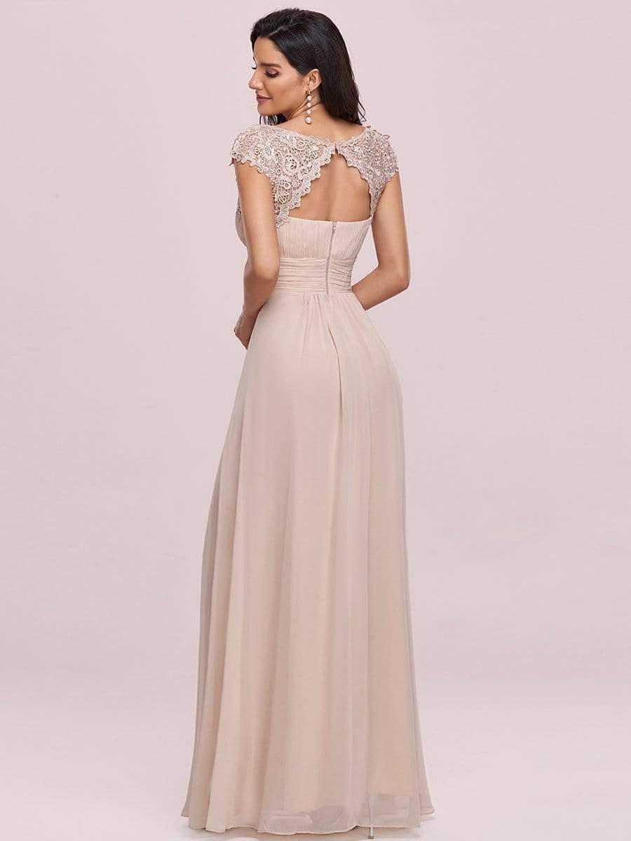 Maxi Long Lace Cap Sleeve Elegant Bridesmaid Dress #color_Blush