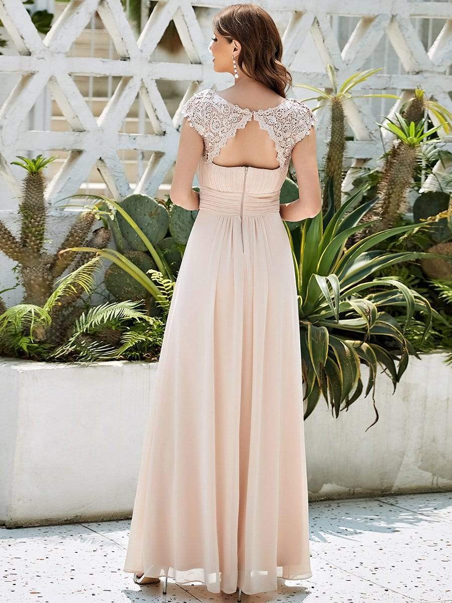 Maxi Long Lace Cap Sleeve Elegant Bridesmaid Dress #color_Blush