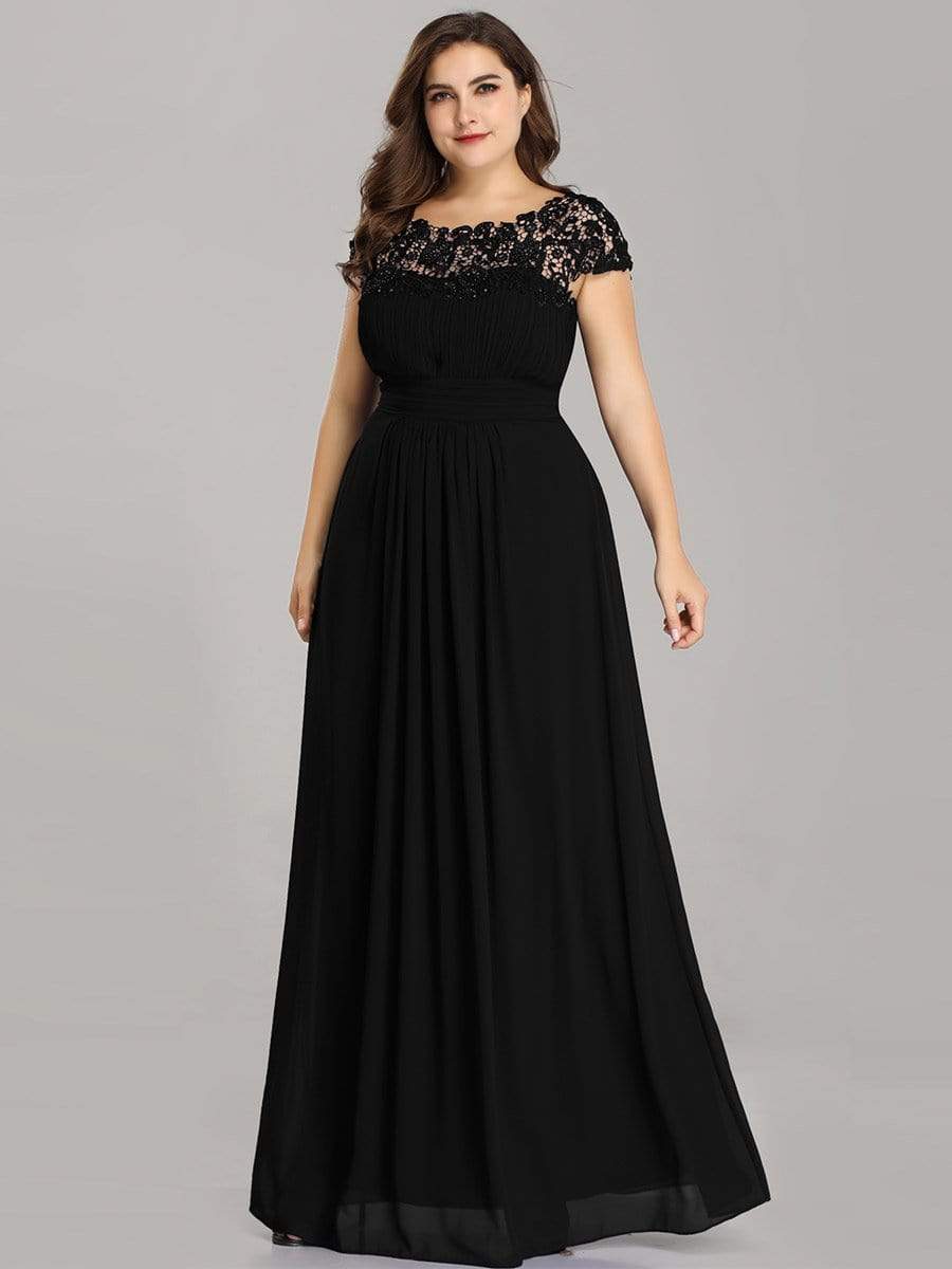 Maxi Long Lace Cap Sleeve Elegant Bridesmaid Dress #color_Black