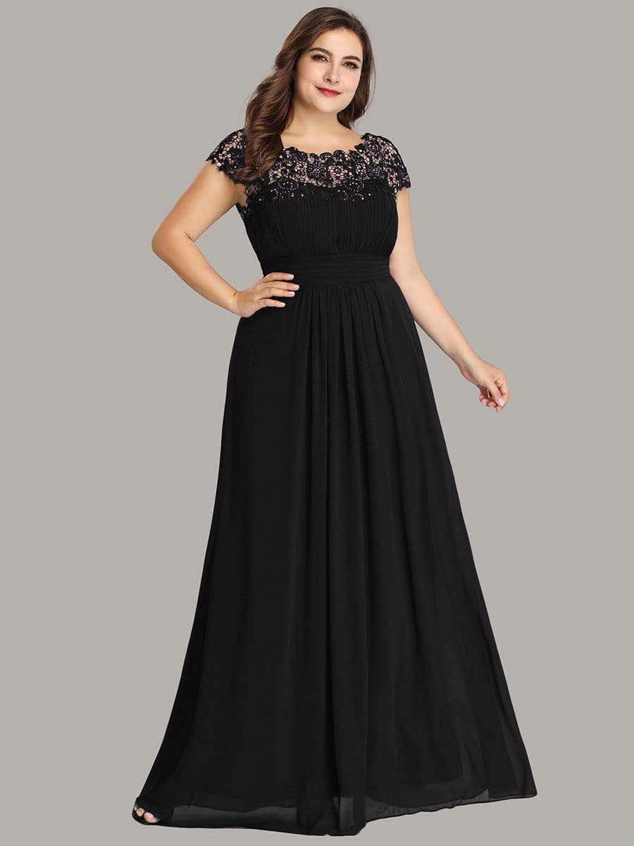 Maxi Long Lace Cap Sleeve Elegant Bridesmaid Dress #color_Black