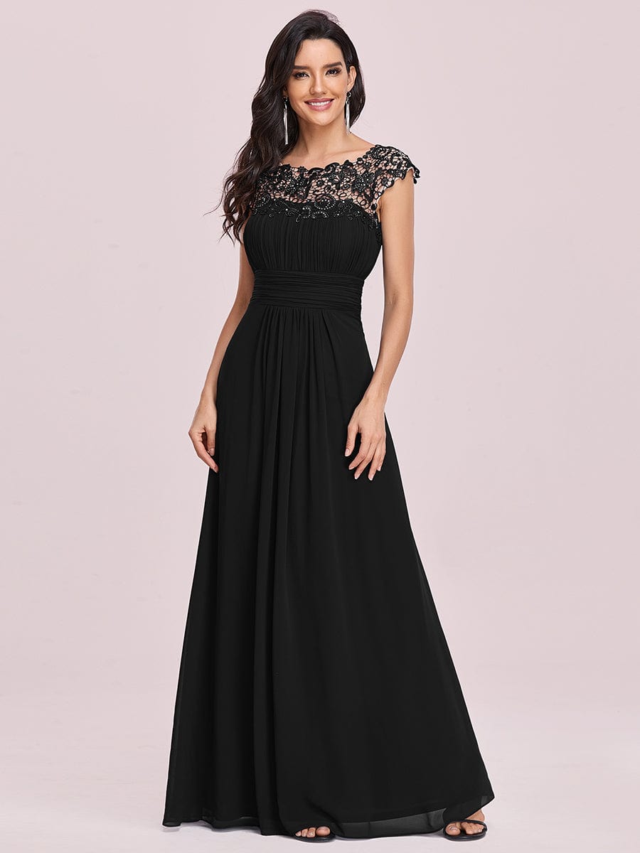 Maxi Long Lace Cap Sleeve Elegant Bridesmaid Dress #color_Black