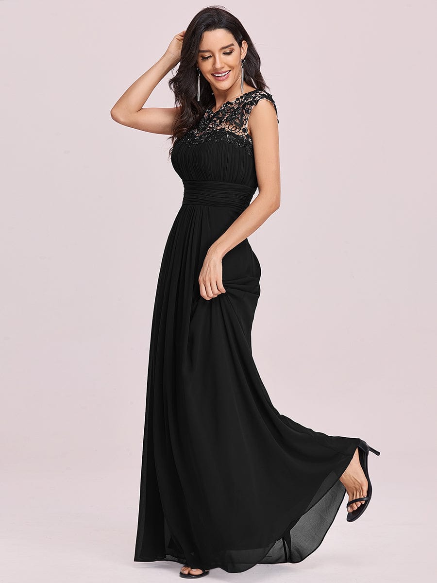 Maxi Long Lace Cap Sleeve Elegant Bridesmaid Dress #color_Black