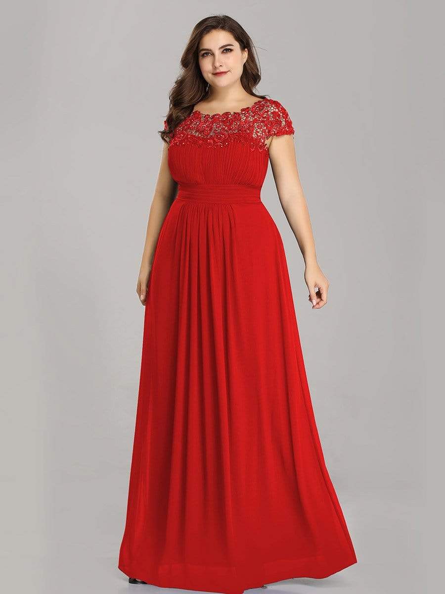 Maxi Long Lace Cap Sleeve Elegant Bridesmaid Dress #color_Red