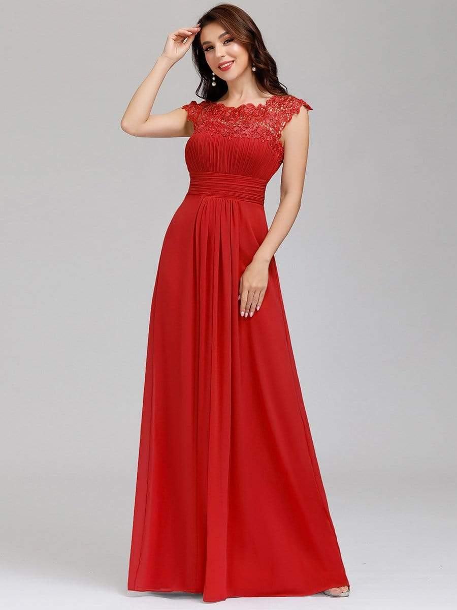 Maxi Long Lace Cap Sleeve Elegant Bridesmaid Dress #color_Red