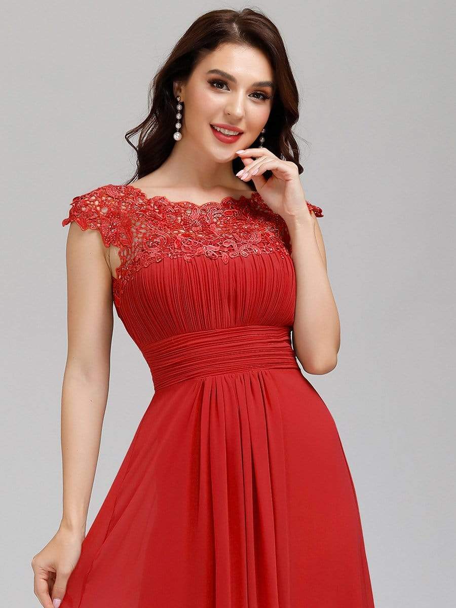 Maxi Long Lace Cap Sleeve Elegant Bridesmaid Dress #color_Red