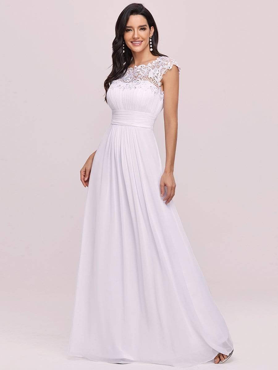 Maxi Long Lace Cap Sleeve Elegant Bridesmaid Dress #color_White