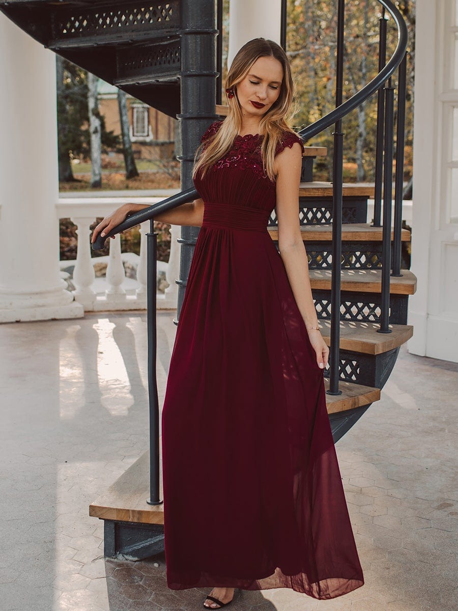 Custom Size Flattering Cap Sleeve Chiffon Bridesmaid Dress #color_Burgundy