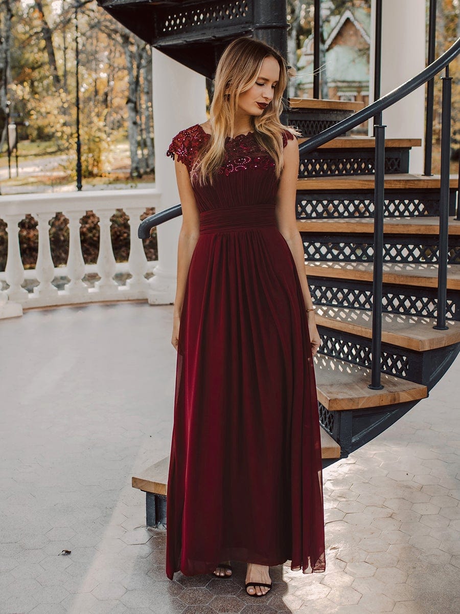 Custom Size Flattering Cap Sleeve Chiffon Bridesmaid Dress #color_Burgundy