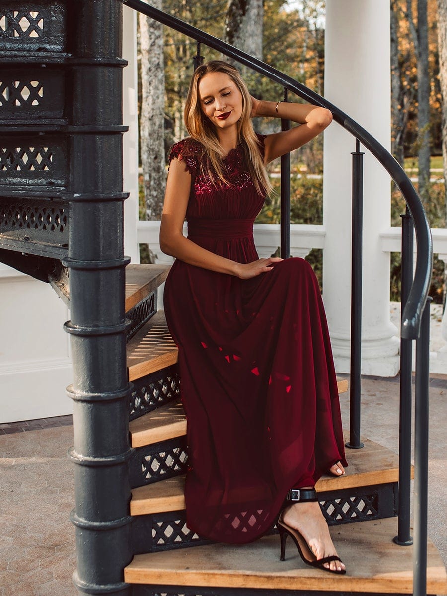 Custom Size Flattering Cap Sleeve Chiffon Bridesmaid Dress #color_Burgundy