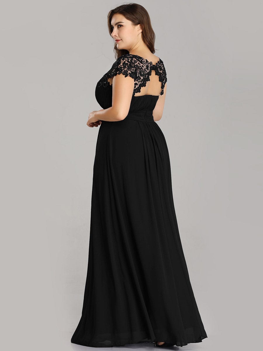 Maxi Long Lace Cap Sleeve Elegant Bridesmaid Dress #color_Black