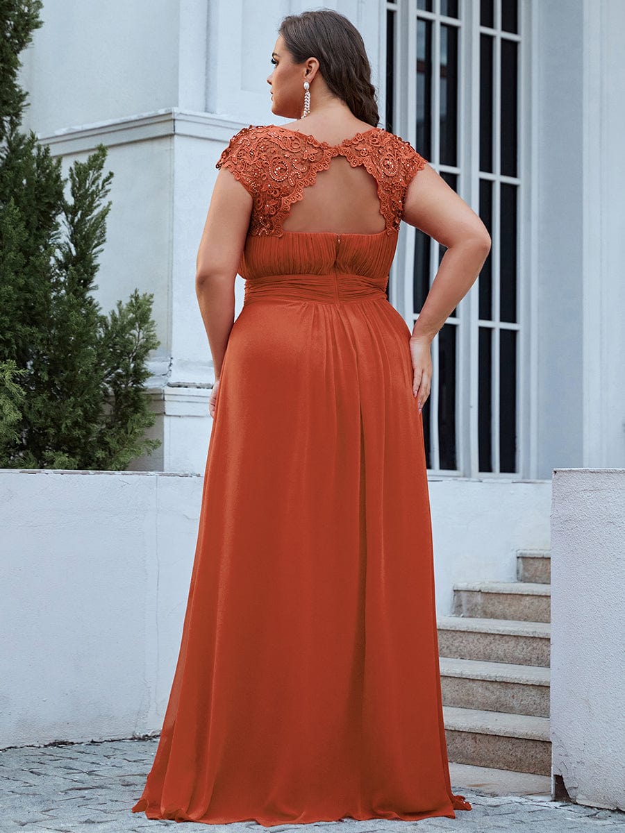 Maxi Long Lace Cap Sleeve Elegant Bridesmaid Dress #color_Burnt Orange