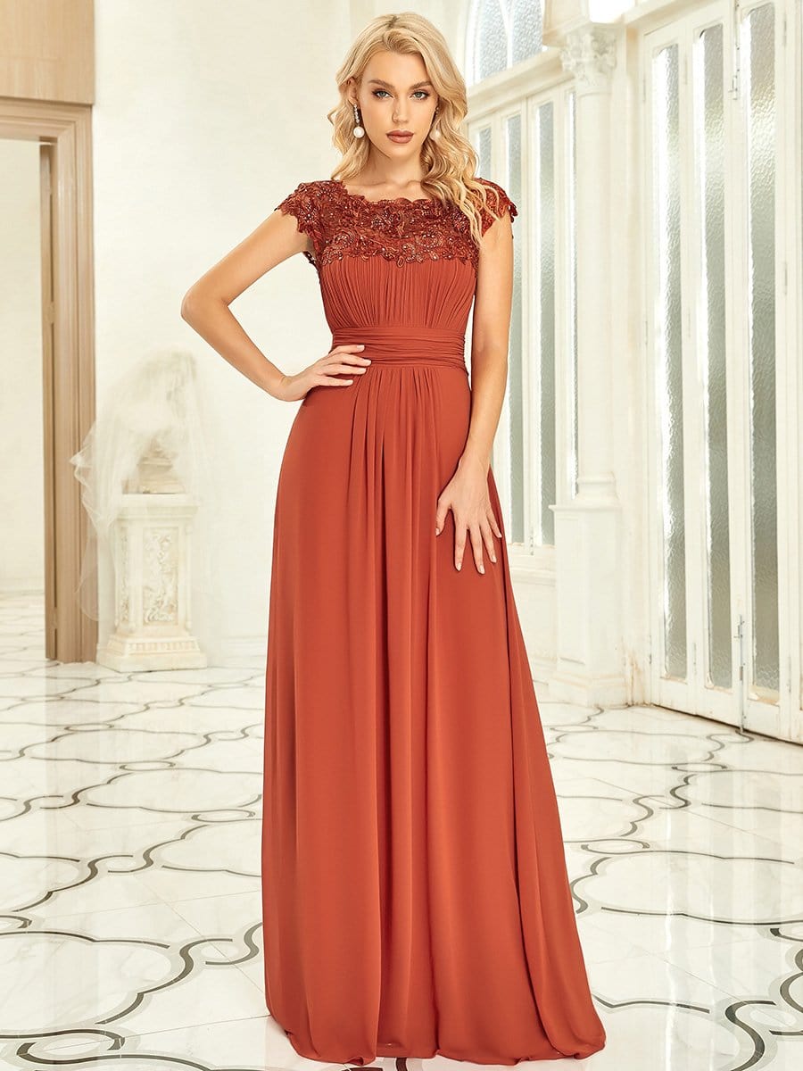 Maxi Long Lace Cap Sleeve Elegant Bridesmaid Dress #color_Burnt Orange