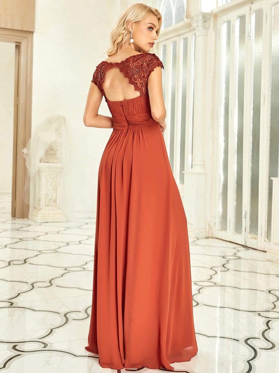 Maxi Long Lace Cap Sleeve Elegant Bridesmaid Dress #color_Burnt Orange