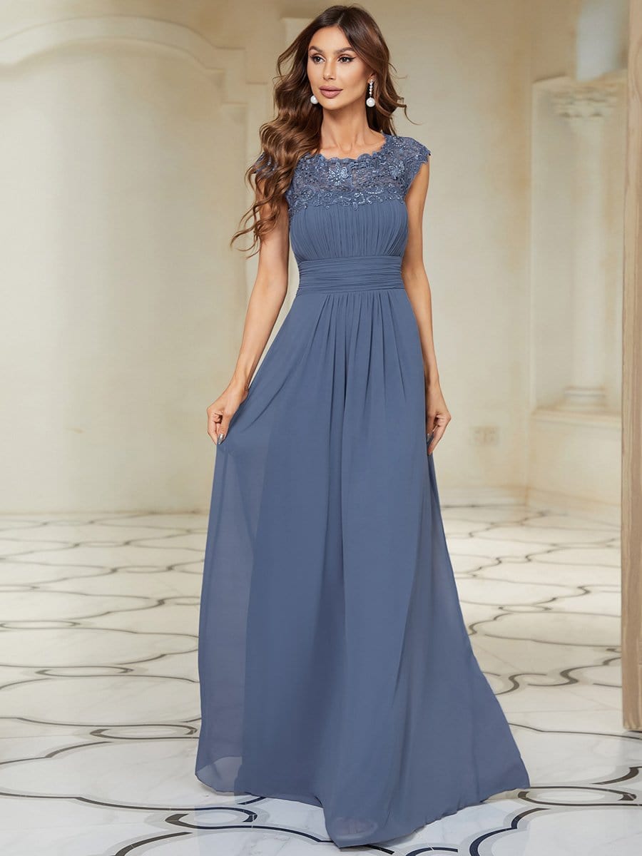 Maxi Long Lace Cap Sleeve Elegant Bridesmaid Dress #color_Dusty Blue