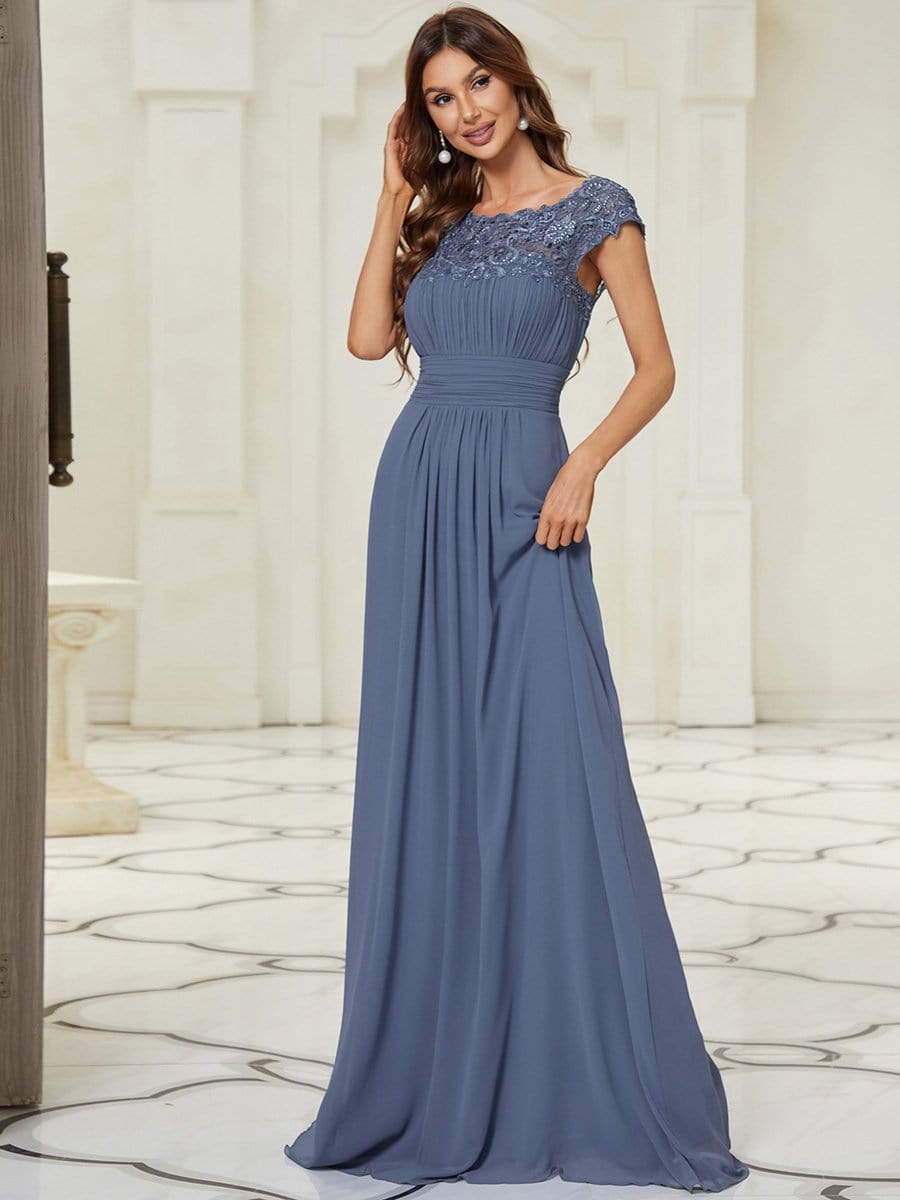 Maxi Long Lace Cap Sleeve Elegant Bridesmaid Dress #color_Dusty Blue