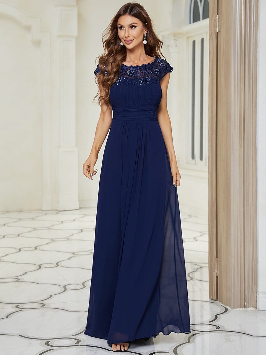 Maxi Long Lace Cap Sleeve Elegant Bridesmaid Dress #color_Navy Blue