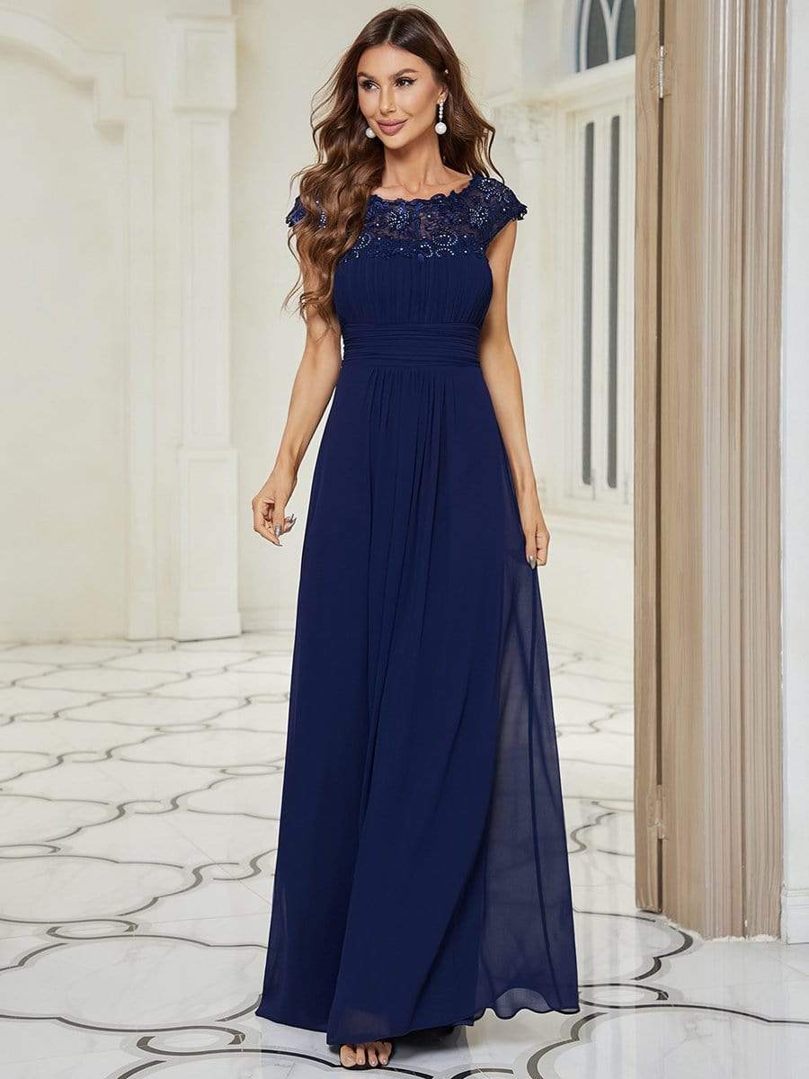 Custom Size Flattering Cap Sleeve Chiffon Bridesmaid Dress #color_Navy Blue