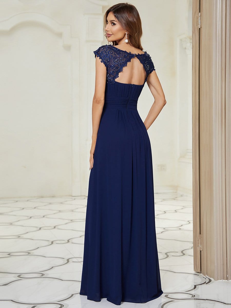 Maxi Long Lace Cap Sleeve Elegant Bridesmaid Dress #color_Navy Blue