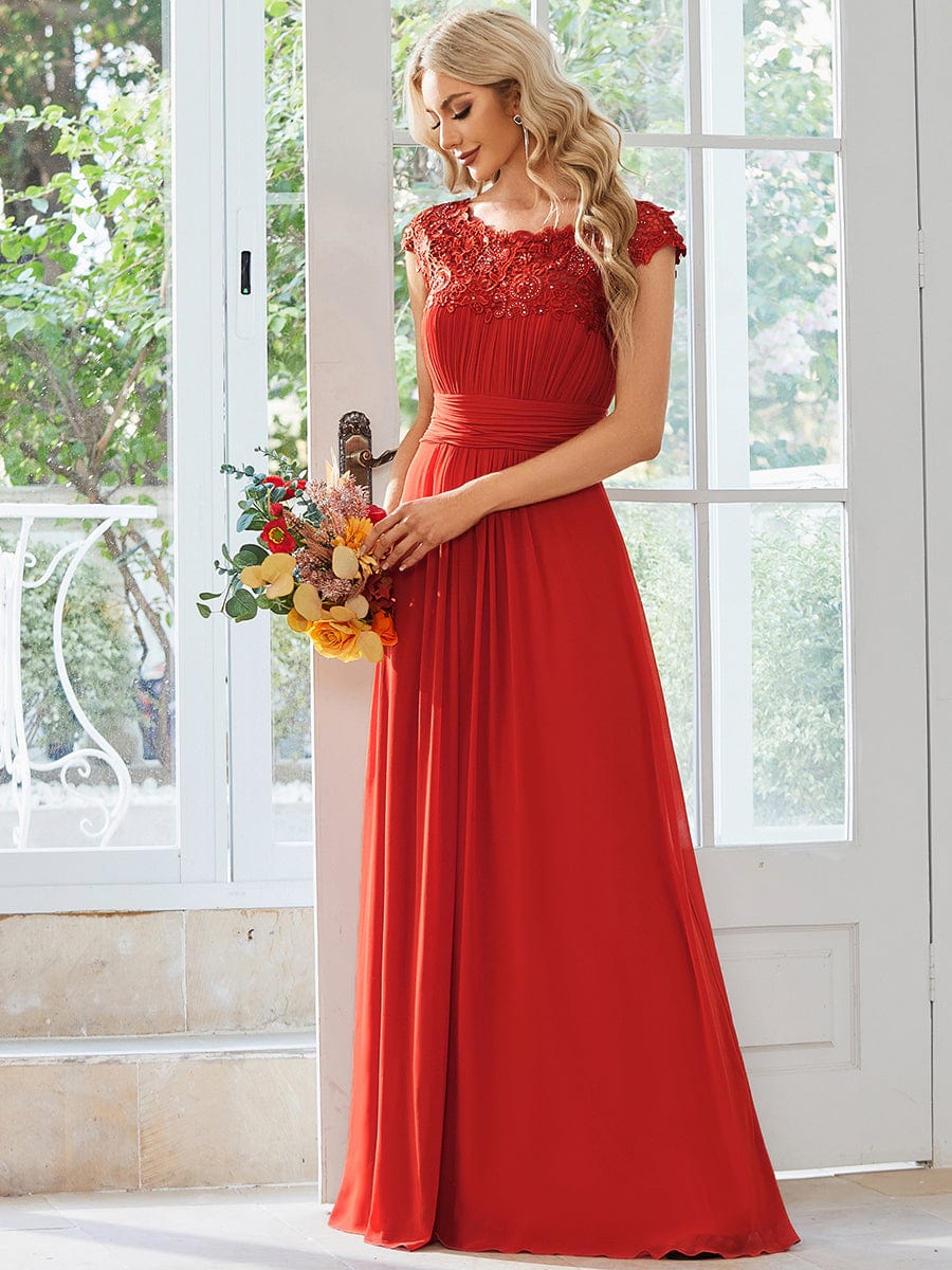 Flattering Cap Sleeve Chiffon Bridesmaid Dress #color_Red