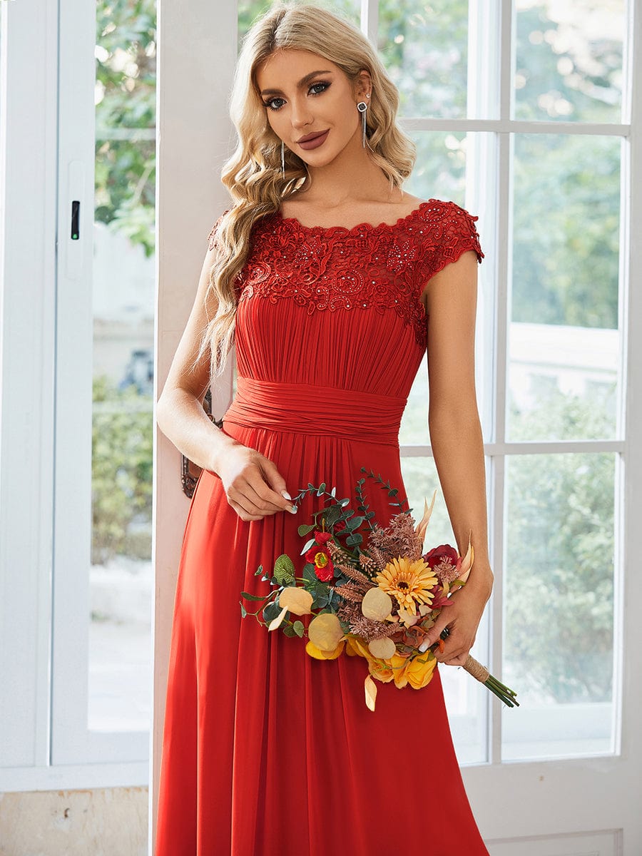 Flattering Cap Sleeve Chiffon Bridesmaid Dress #color_Red