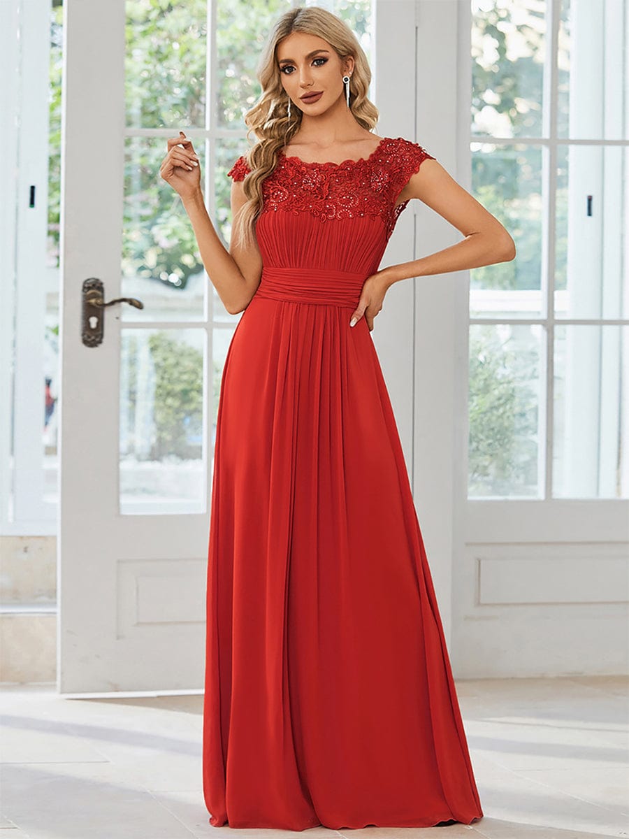 Flattering Cap Sleeve Chiffon Bridesmaid Dress #color_Red