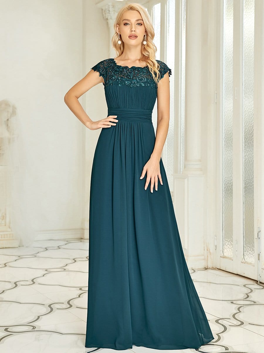 Custom Size Flattering Cap Sleeve Chiffon Bridesmaid Dress #color_Teal