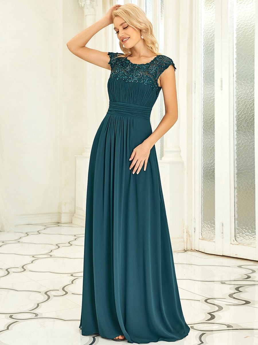 Custom Size Flattering Cap Sleeve Chiffon Bridesmaid Dress #color_Teal