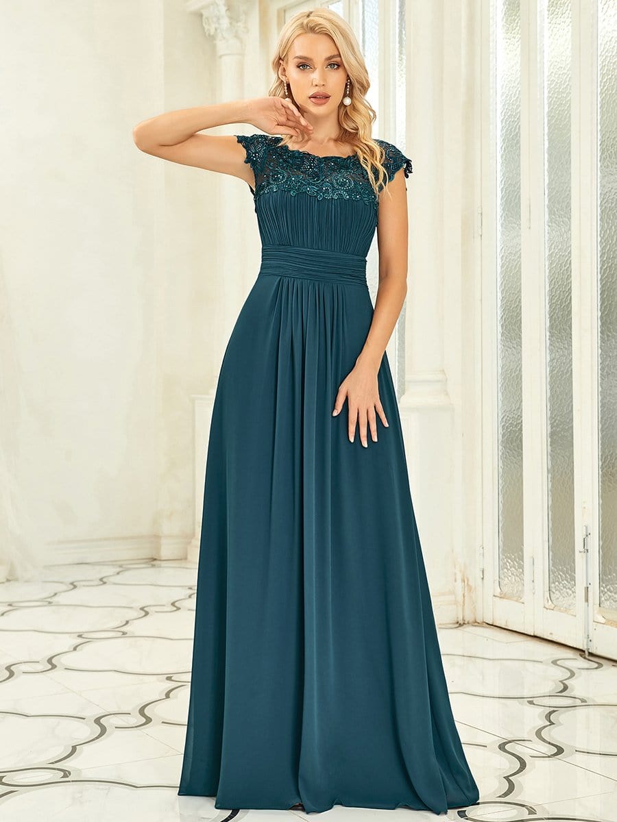 Custom Size Flattering Cap Sleeve Chiffon Bridesmaid Dress #color_Teal