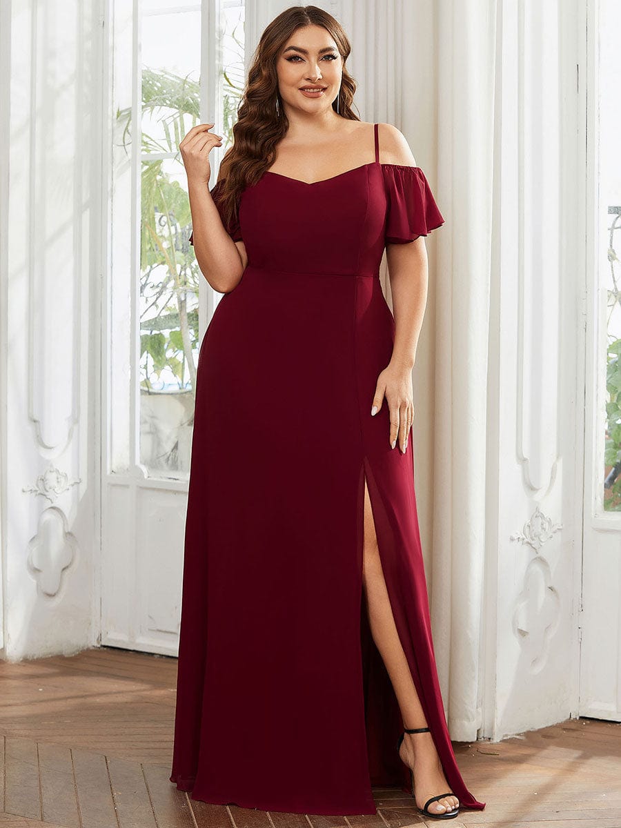 Plus-Size Cold-Shoulder V-neck Evening Dress with Side Slit #color_Burgundy