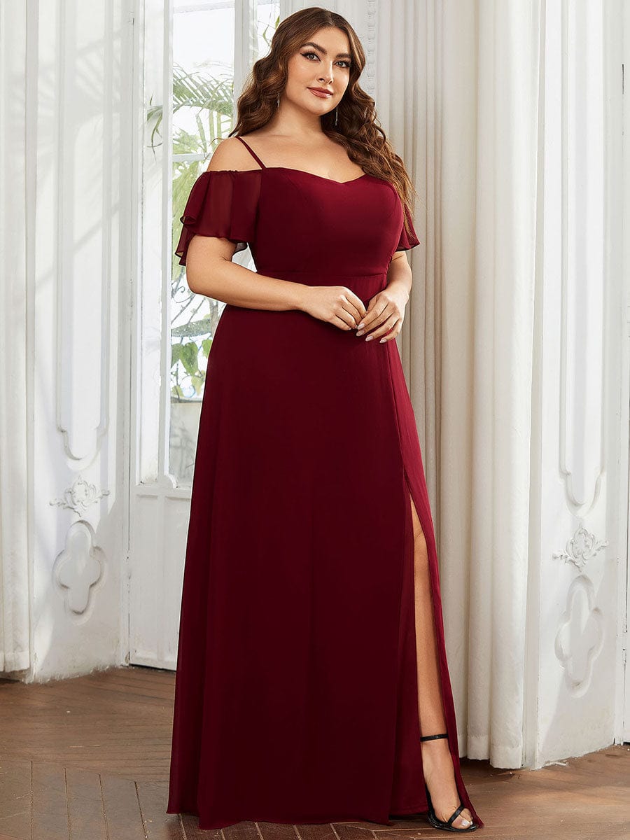 Plus-Size Cold-Shoulder V-neck Evening Dress with Side Slit #color_Burgundy