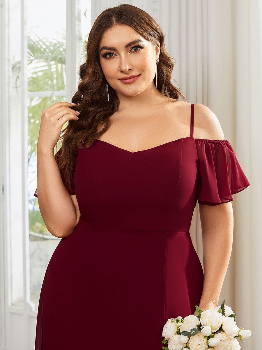 Plus-Size Cold-Shoulder V-neck Evening Dress with Side Slit #color_Burgundy