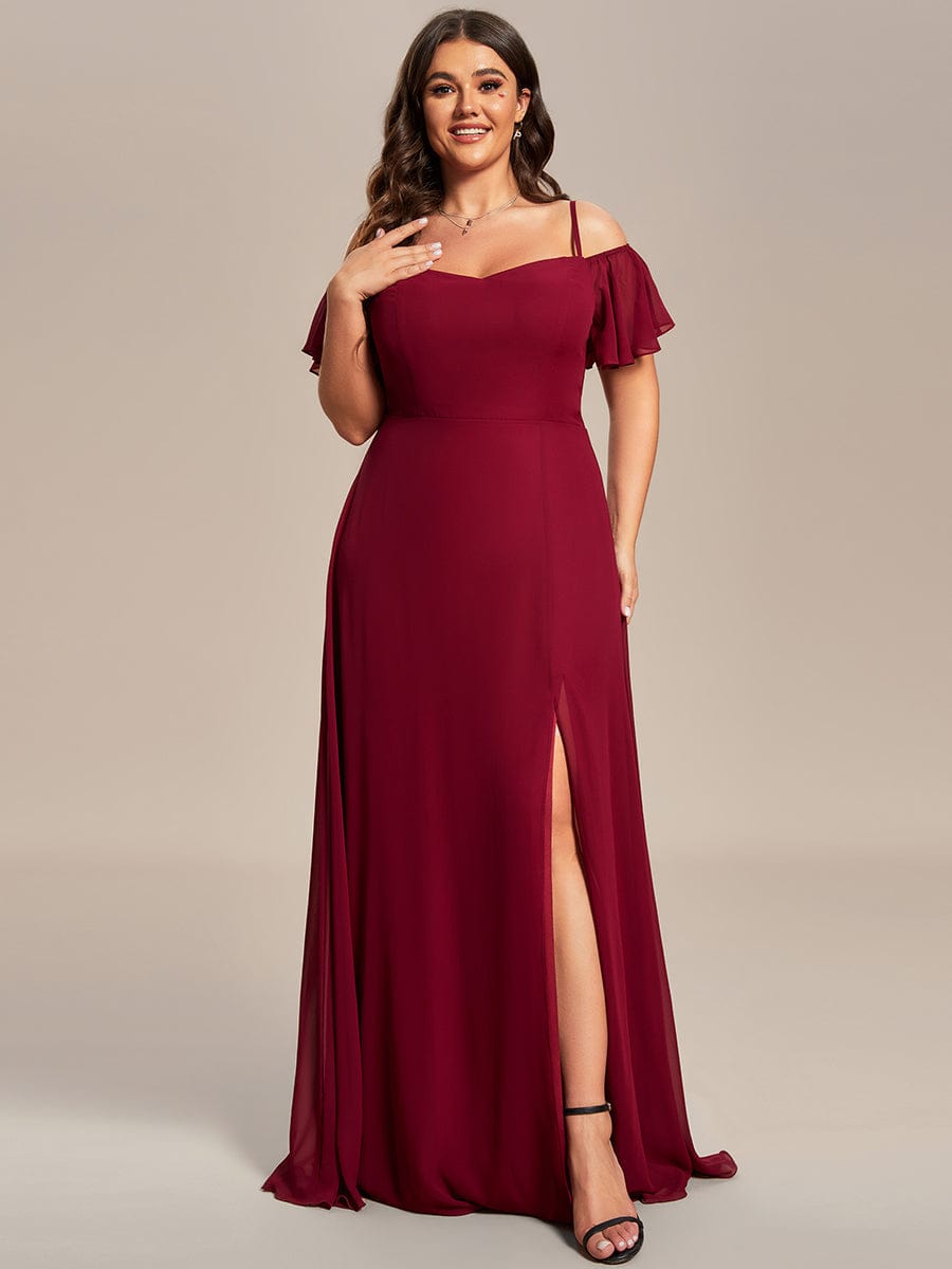 Stylish Cold-Shoulder Floor Length Bridesmaid Dress with Side Slit #color_Burgundy