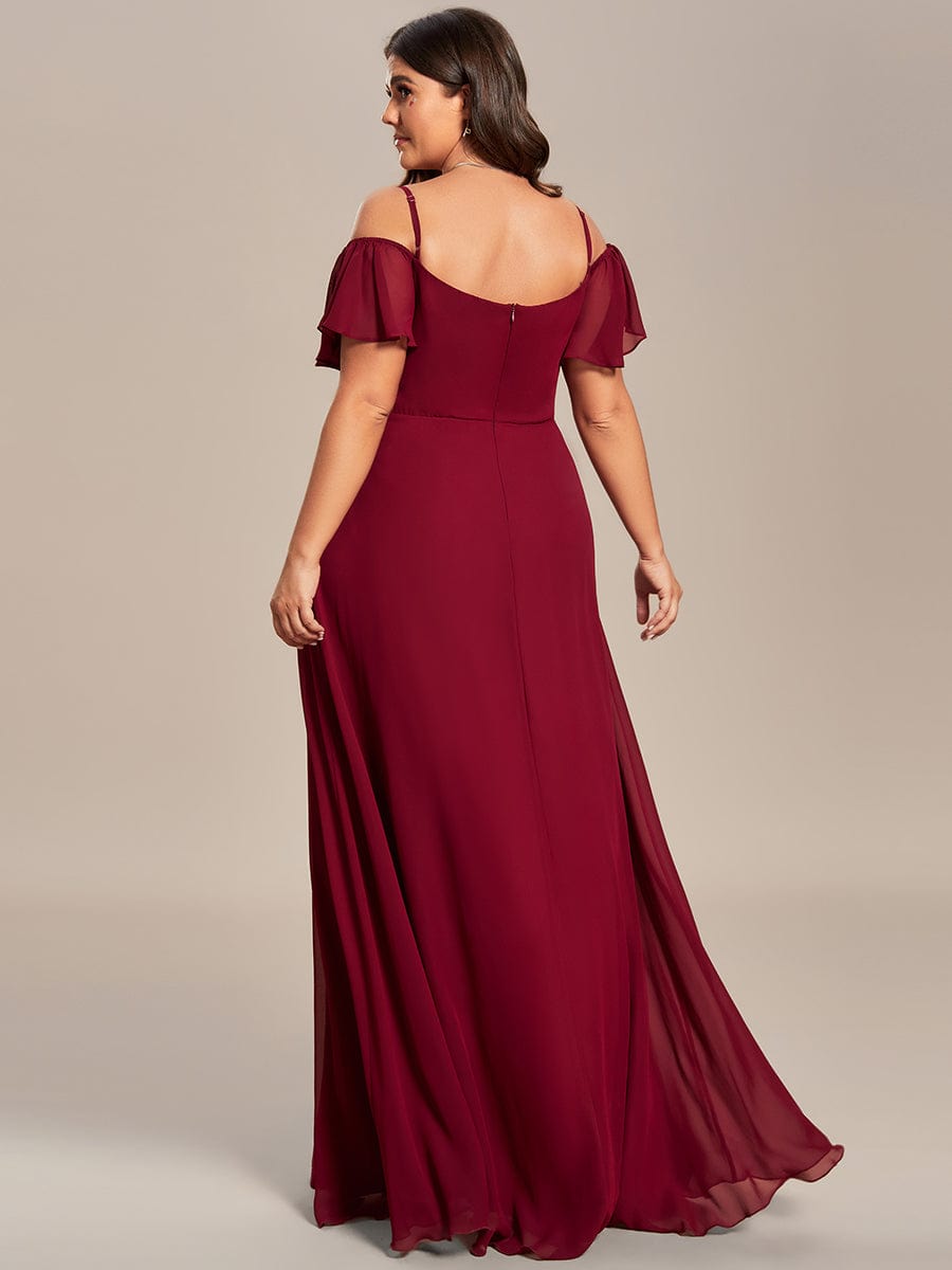 Stylish Cold-Shoulder Floor Length Bridesmaid Dress with Side Slit #color_Burgundy