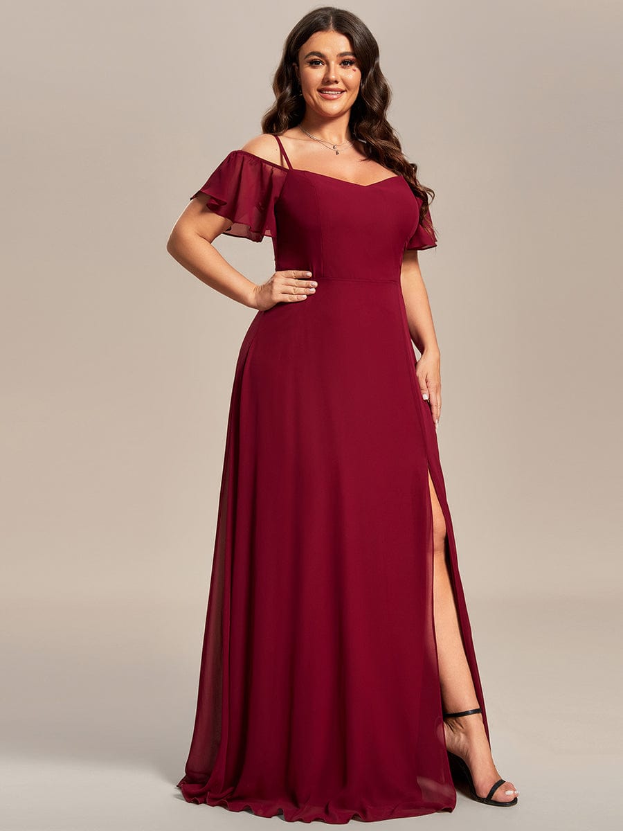 Stylish Cold-Shoulder Floor Length Bridesmaid Dress with Side Slit #color_Burgundy